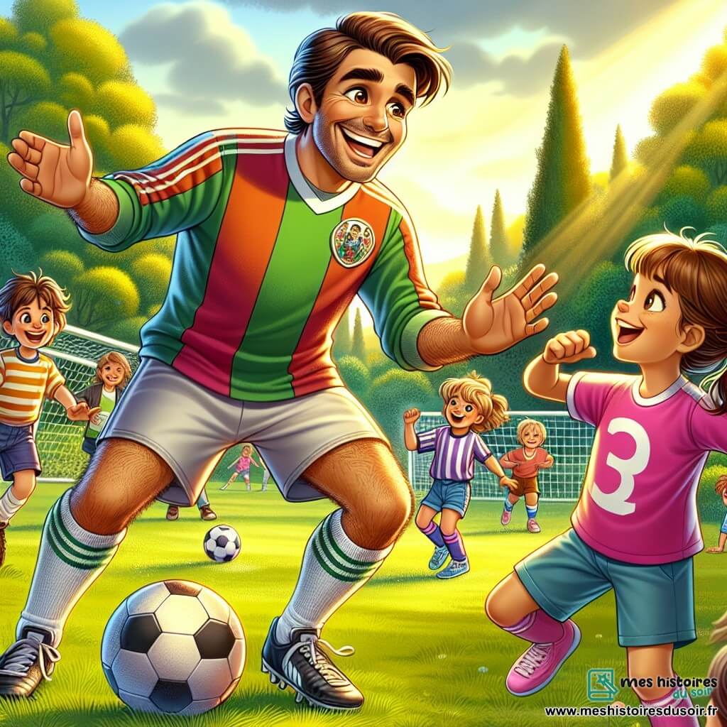 Un homme grand et souriant, avec des cheveux bruns et des yeux pétillants, porte un vieux maillot de football coloré et des shorts. Il montre aux enfants comment dribbler un ballon, avec une expression joyeuse. À ses côtés, Léo, un garçon de 10 ans aux cheveux ébouriffés, essaie de l'imiter, les bras levés. Clara, une petite fille de 8 ans avec des couettes et un maillot rose, regarde avec admiration, tenant un ballon. La scène se déroule dans un parc verdoyant, baigné de lumière, avec des arbres majestueux et d'autres enfants qui s'amusent. Maxime, l'ancien footballeur, enseigne des techniques de football aux enfants, créant une atmosphère de camaraderie et de joie.