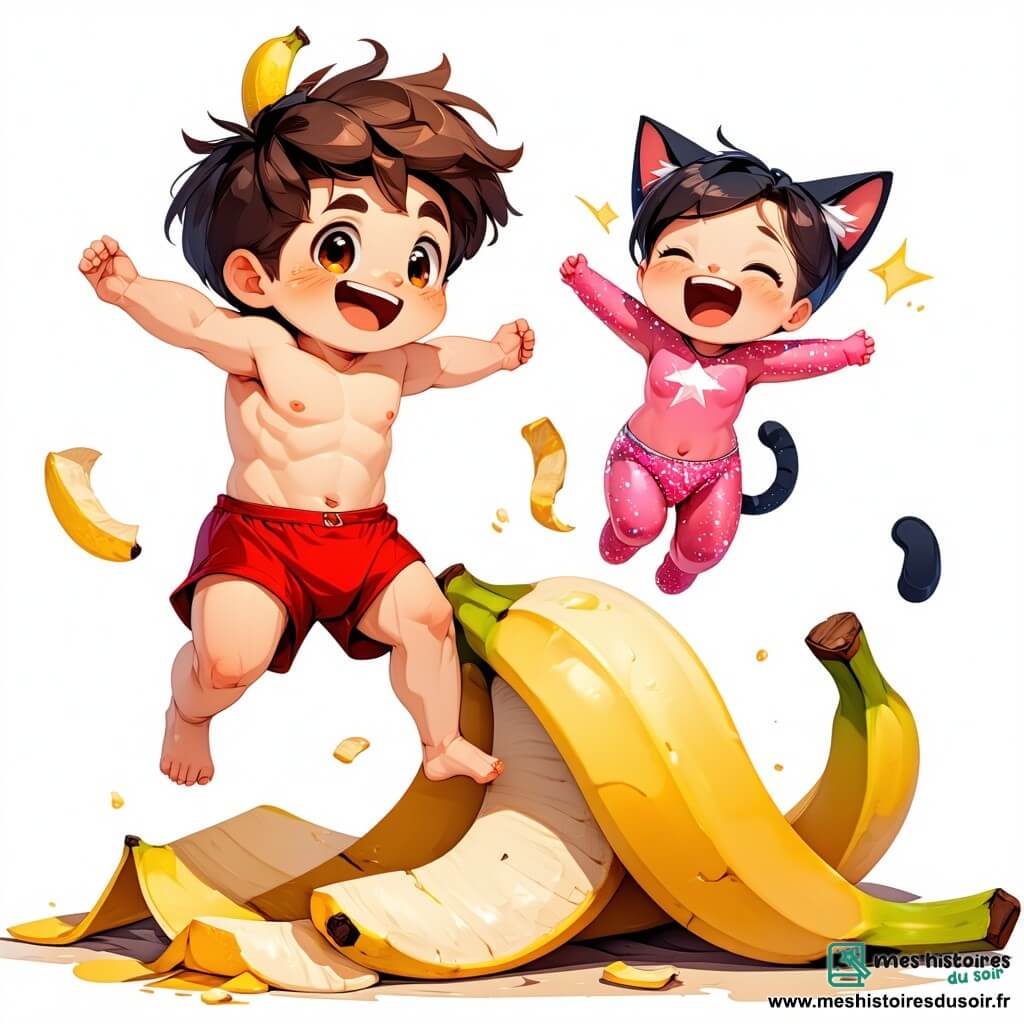 Super Marcel, un jeune garçon aux cheveux en bataille et au grand sourire malicieux, porte un slip rouge par-dessus son pantalon et une banane sur la tête. Il glisse sur une peau de banane, les bras écartés, avec une expression de surprise. À côté, Super-Chaton, une fille avec des oreilles de chat et une combinaison rose scintillante, rit, les mains sur les hanches, prête à le taquiner. En arrière-plan, l'École des Super-Zéros, un bâtiment coloré avec un panneau "Bienvenue, futurs héros !", et des nuages en forme de super-héros flottent dans le ciel. Marcel glisse sur la peau de banane, prêt à tomber, tandis qu'un nuage de fraise coloré s'échappe de lui, ajoutant une touche comique à la scène.