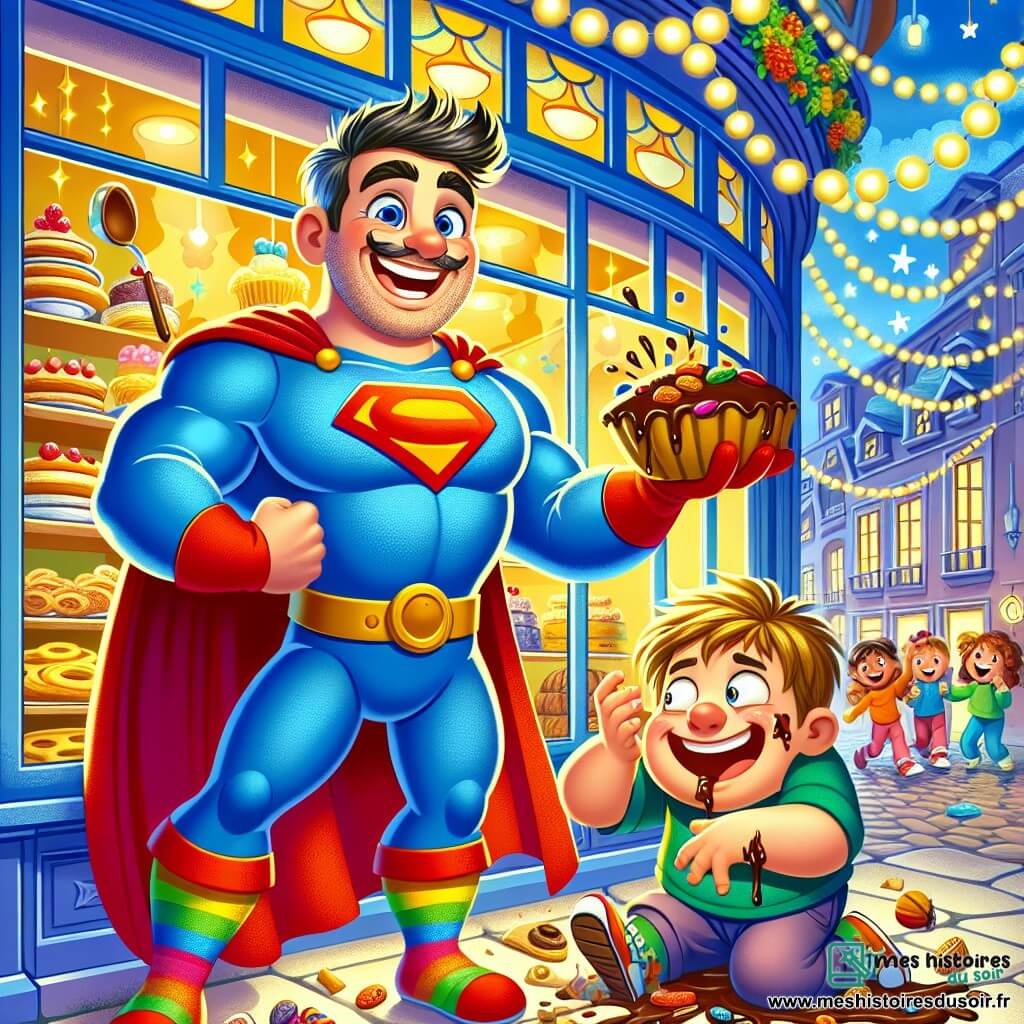 Monsieur Bonhomme est un homme joyeux avec un grand sourire, portant un costume de super-héros bleu et une cape rouge. Il rit en tenant une cuillère en bois, prêt à aider son ami Gros Maladroit, un garçon de 10 ans avec de grandes oreilles et des lunettes de soleil. Gros Maladroit est assis par terre, les mains pleines de brioches, un peu confus après être tombé dans un gâteau au chocolat. La scène se déroule devant une boulangerie colorée, avec des vitrines remplies de pâtisseries et des enfants riant autour d'eux. Monsieur Bonhomme aide Gros Maladroit à attraper une brioche sans tout renverser.