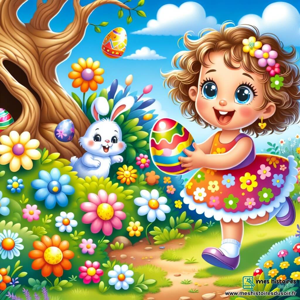 Lila, une petite fille de 2 ans aux grands yeux brillants et cheveux bouclés, porte une robe colorée à fleurs. Elle est joyeuse, sautillant dans le jardin avec un œuf décoré. À ses côtés, un lapin de Pâques au pelage blanc et aux longues oreilles lui montre un trésor d'œufs colorés. Le jardin est rempli de fleurs éclatantes, de buissons verdoyants et d'un vieux arbre sous un ciel bleu. Lila découvre des œufs cachés sous les fleurs en riant avec le lapin.
