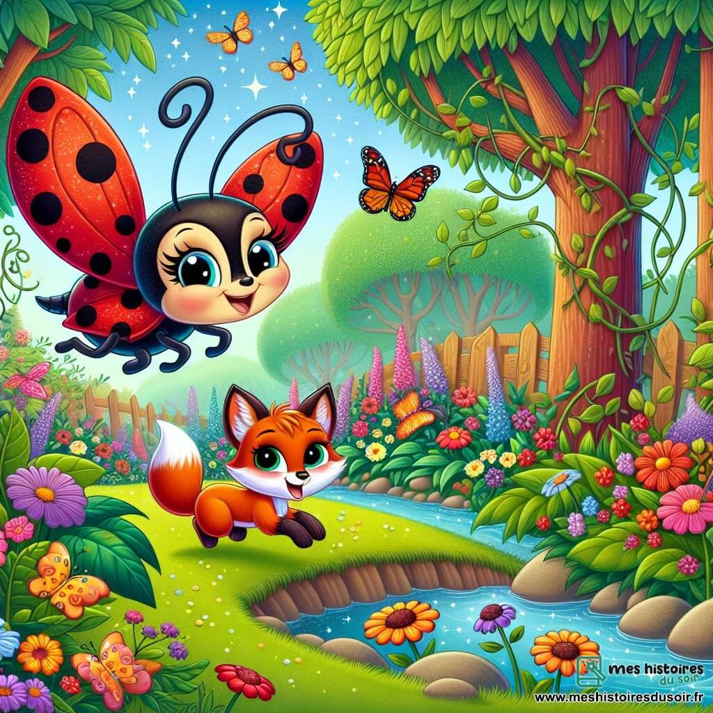 Une coccinelle nommée Lila, aux ailes rouges et tachetées de noir, vole joyeusement au-dessus d’un jardin coloré, entourée de fleurs vives comme des roses et des tournesols. À côté, un renard nommé Rouky, au pelage orange, est assis sur l'herbe, regardant Lila avec gratitude après avoir été libéré d'un filet. Le jardin est un tableau de nature avec des arbres, des papillons et un ruisseau. La scène illustre l'union des amis animaux pour aider Rouky, symbolisant l'amitié et la solidarité.