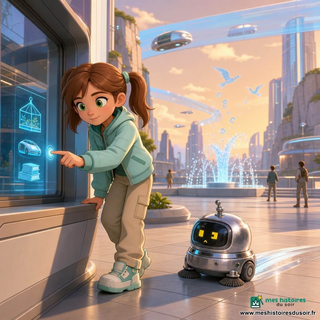 Une fillette de 10 ans, souriante mais concentrée, cheveux châtain clair en couettes, yeux verts brillants, veste bleu menthe et pantalon beige, penchée contre la vitre d'un kiosque tactile, la main posée comme pour toucher une petite lumière ; un robot de nettoyage rond et chromé aux yeux LED jaunes roule à côté d'elle en laissant une trace brillante au sol ; une minuscule holographie bleue projette des pictogrammes (serre suspendue, capsule de transport, pile de livres lumineux) à la hauteur de ses yeux ; lieu : place centrale "Agora des Nuages" aux dalles gris pâle, fontaine projetant gouttes devenant lettres et oiseaux, tours de verre imposantes et rubans de ciel transparents parcourus de capsules lumineuses ; la fillette observe la miniature holographique avec curiosité déterminée, le robot tourne autour, la place est calme, légèrement en suspension, éclairée par un doux coucher de soleil se reflétant sur le verre des immeubles.
