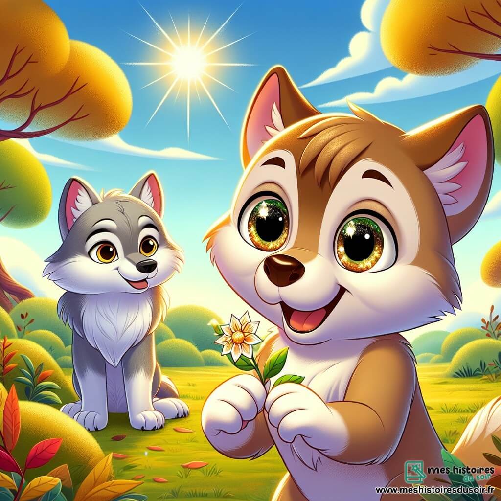 Dans une clairière ensoleillée, un louveteau nommé Léo, avec un pelage brun clair et des yeux curieux, se tient au centre de l'image, souriant et tenant une pétale de la Fleur de Vie. À ses côtés, Luna, une louve grise aux yeux vifs, l'observe avec admiration, prête à l'aider. En arrière-plan, des arbres majestueux et un ciel bleu parsemé de nuages complètent la scène. Ce moment symbolise l'espoir et la force de leur amitié dans leur quête contre la maladie.