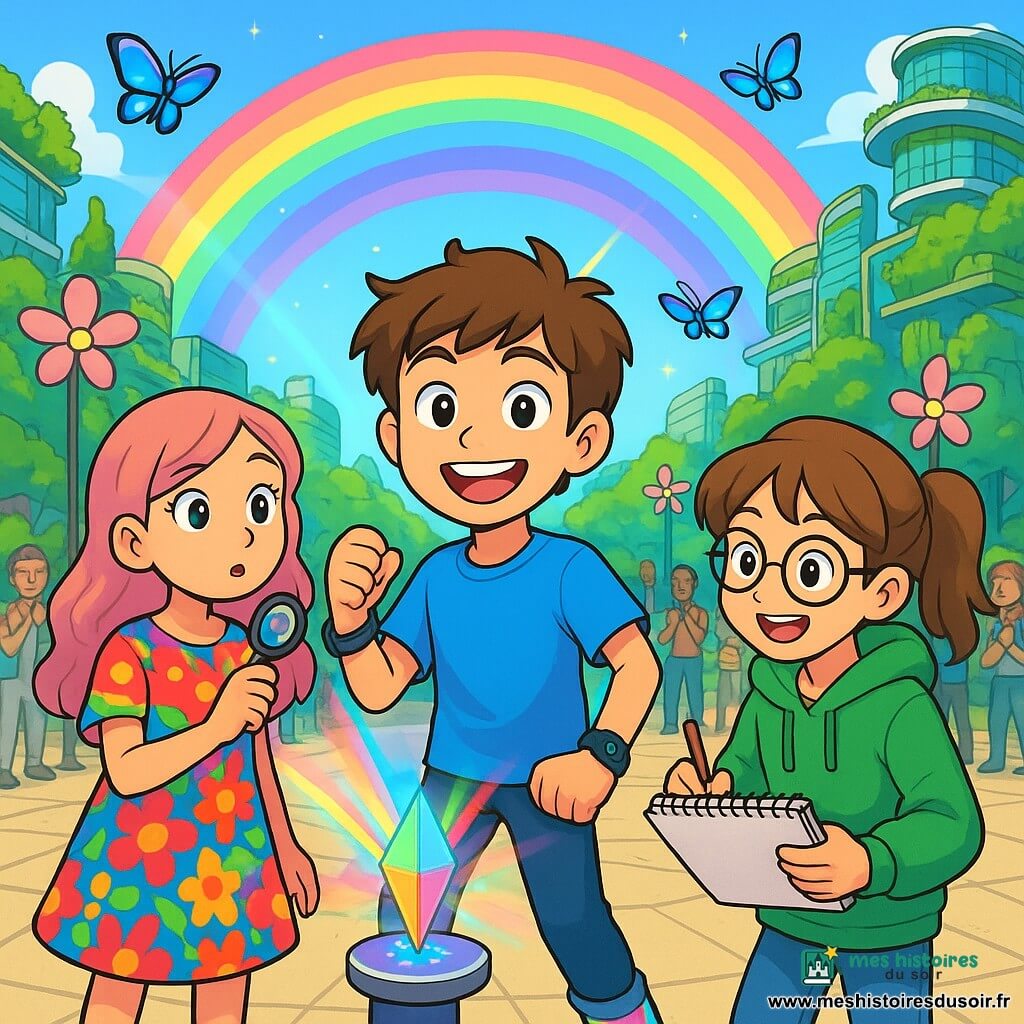 Il y a trois personnages : Ilyès, un garçon de 10 ans avec des cheveux bruns en bataille et des yeux pétillants, portant un t-shirt bleu vif et des baskets lumineuses, se tient au centre, souriant avec un bracelet GPS. Lina, une fille de 10 ans aux cheveux longs et ondulés teintés de rose, en robe colorée avec des motifs de fleurs, tient une mini-loupe connectée et se trouve à gauche d'Ilyès, le regard curieux. Maëlys, une fille de 10 ans aux cheveux châtains en queue de cheval et lunettes rondes, porte un sweat à capuche vert et dessine avec enthousiasme à droite d'Ilyès. L'action se déroule sur la grande place centrale d'Auréapolis, entourée de jardins suspendus et de bâtiments futuristes. Des lampadaires en forme de fleurs illuminent l'espace, tandis que des drones-papillons volent autour des enfants. Ils célèbrent le rituel du quartier avec des lumières colorées dansantes, un prisme de signal brillant au centre projetant des arcs-en-ciel, entourés d'habitants applaudissant et souriant.