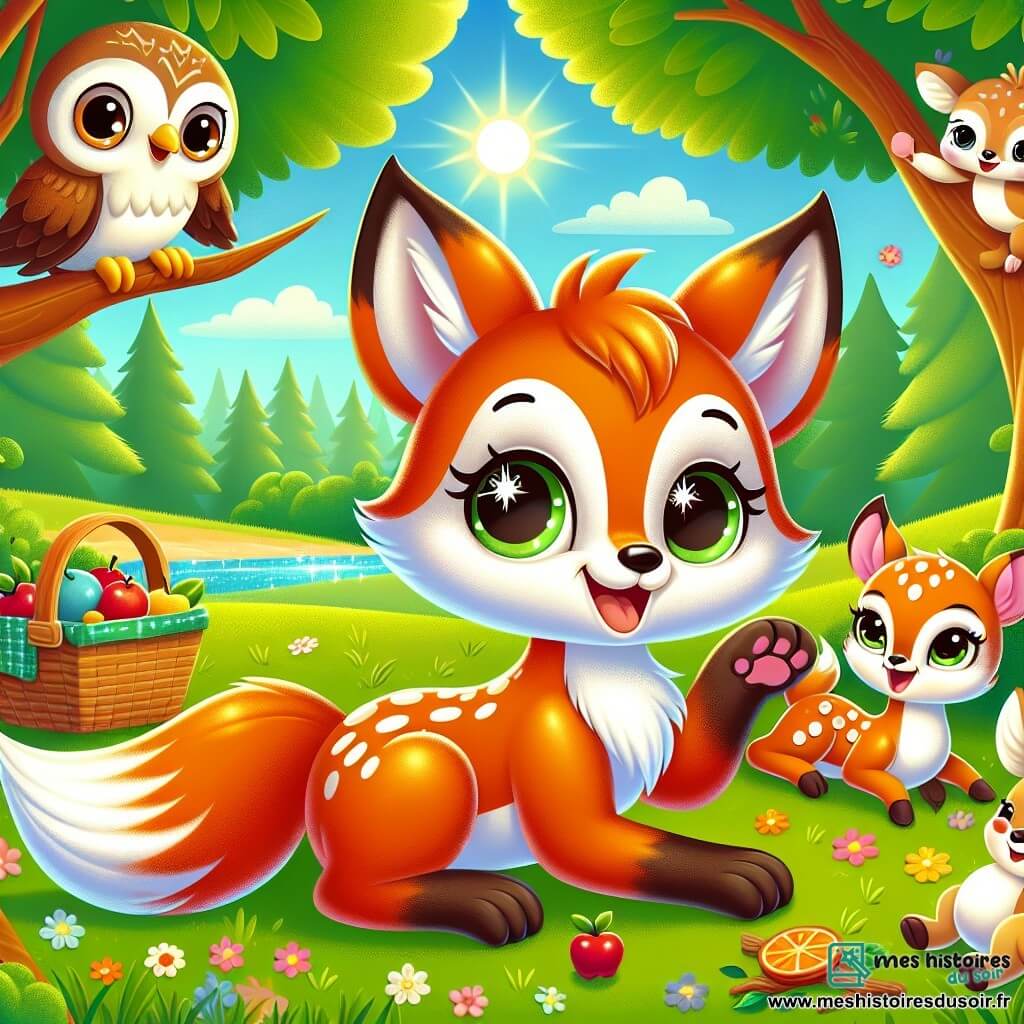 Illustration d'un petit renard au pelage orange brillant, aux yeux pétillants et à la queue touffue, assis sur l'herbe verte avec un sourire radieux, entouré de ses amis. À ses côtés, une biche au pelage brun clair, avec de grands yeux doux et des taches blanches, regarde le renard avec une expression joyeuse, prête à jouer. Un hibou aux plumes marron et blanches, perché sur une branche, observe la scène avec un sourire amusé. La scène se déroule dans une clairière ensoleillée, entourée d'arbres majestueux, avec des fleurs colorées et une douce brise. Le petit renard, la biche et le hibou partagent un pique-nique joyeux au bord d'une rivière scintillante, célébrant leur amitié avec des friandises. Des éléments graphiques incluent un panier de pique-nique, des rayons de soleil et des papillons, ajoutant une touche de magie à cette scène.