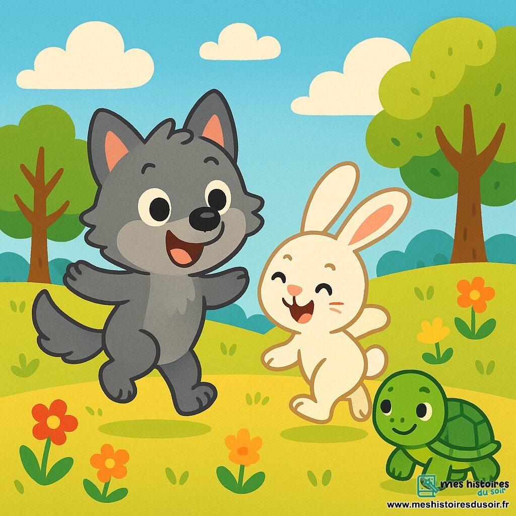 Un petit loup aux poils gris et doux, avec de grands yeux pétillants, sourit en jouant dans une clairière ensoleillée. Il saute avec enthousiasme, exprimant son bonheur d'être avec ses amis. À côté, un petit lapin aux longues oreilles et pelage blanc rit en courant autour de lui. Plus loin, une tortue à la carapace verte avance lentement, souriant en les regardant jouer. La clairière est entourée d'arbres et de fleurs colorées, sous un ciel bleu parsemé de nuages. Les trois amis se blottissent ensemble, partageant un moment de tendresse et d'amitié sous le soleil.