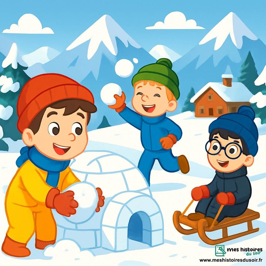 Trois personnages sont présents : Théo, un garçon de 8 ans avec des cheveux bruns, un bonnet rouge, une écharpe bleue et une combinaison de ski jaune, construit un igloo. Lucas, 7 ans, avec des cheveux blonds et des taches de rousseur, porte un bonnet vert et lance une boule de neige en souriant. Maxime, 9 ans, avec des cheveux noirs et des lunettes, est assis sur une luge, prêt à glisser. L'action se déroule dans une station de ski pittoresque, entourée de montagnes enneigées et de sapins chargés de neige, sous un ciel bleu. Les garçons jouent ensemble, créant une atmosphère joyeuse et festive, pleine de rires et d'amitié.