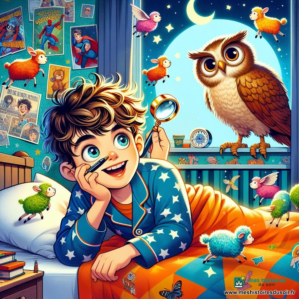 Un garçon de 12 ans, aux cheveux châtains en bataille et aux yeux curieux, est allongé sur son lit, souriant. Il porte un pyjama bleu avec des étoiles blanches et utilise une loupe dorée pour observer des moutons colorés qui dansent autour de lui. À côté, un hibou espiègle, aux plumes brunes et aux grands yeux ronds, est perché sur le rebord de la fenêtre, regardant Simon avec amusement. La chambre est décorée de posters de super-héros et de jouets éparpillés, baignée par des rayons de lune, créant une ambiance magique. Simon découvre un monde fantastique peuplé de moutons aux couleurs vives, tandis que le hibou lui parle de rêves et d'aventures dans une atmosphère ludique.