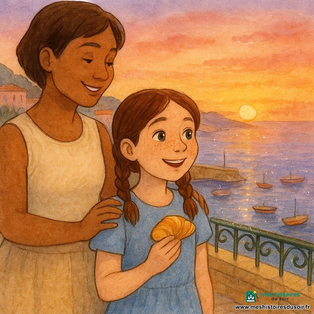 Fille de 10 ans au visage rond et taches de rousseur, cheveux châtain en deux nattes, sourire émerveillé, tenant un petit pastizzi et regardant la mer ; sa mère (~35 ans), cheveux bruns courts en tenue d'été, pose une main rassurante sur son épaule en souriant, légèrement derrière à gauche ; terrasse de jardins surplombant un port méditerranéen avec murets couleur miel, balustrade en fer forgé vert, escaliers pavés et eau bleue où flottent de petits bateaux colorés ; coucher de soleil chaud aux tons orangés, roses et violets, reflets scintillants sur l'eau, ambiance calme, d'émerveillement et de chaleur humaine, rendu aquarelle délicat avec touches de stylo gel blanc pour les reflets et petites étoiles de lumière.