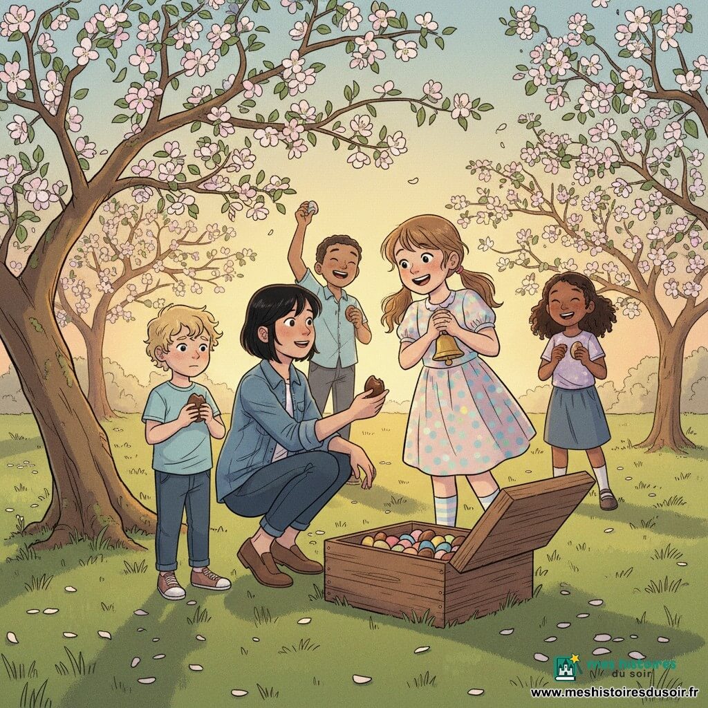 Une fillette de 10 ans, joyeuse, cheveux châtain clair en deux nattes, robe à pois pastel et chaussettes rayées, tient une petite clochette dorée contre sa poitrine en souriant, penchée vers une vieille boîte en bois ouverte; Lila, une autre fille de 10 ans, enjouée et protectrice, cheveux noirs courts et veste en jean, accroupie à gauche, tend un œuf en chocolat à un petit garçon timide aux cheveux blonds bouclés d’environ 6 ans qui le tient partagé à deux mains; plusieurs enfants du village forment un demi-cercle en arrière-plan, riant, partageant des œufs et brandissant de petites clochettes colorées; le verger de pommiers en fleurs au crépuscule, branches basses couvertes de pétales blancs et roses, pelouse verte parsemée de pétales et une vieille boîte au pied d’un pommier moussu servent de décor; la boîte ouverte révèle des œufs en chocolat colorés et des clochettes, certains enfants accrochant une clochette à une branche, dans une lumière dorée de fin de journée, ombres longues et atmosphère tendre.