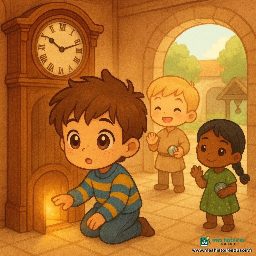 Félix, 8 ans, émerveillé, à genoux devant une grande horloge en bois dont un panneau entrouvert laisse jaillir une lueur dorée, Renaud, ~10 ans, souriant en tunique beige à la cour visible par une porte ronde agitant une bille, Alma, 8 ans, espiègle en nattes et robe verte près du puits tenant une pendule sans aiguilles; salon chaleureux carrelé aux grandes fenêtres, horloge sculptée et tunnel rond lumineux menant à une cour pavée et un jardin ancien; découverte magique d'un passage secret sous l'horloge, la lumière invitant au voyage dans le temps, ambiance douce aux couleurs chaudes et textures boisées.