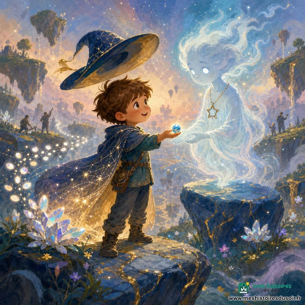 Milo, garçon de 6 ans au visage rond et cheveux châtains en bataille, tend précautionneusement une petite pierre bleue brillante à un esprit pâle et vaporeux aux yeux perle, flottant au‑dessus d’un rocher bleuâtre; derrière lui, une nuée de lucioles d’argent forme une traînée lumineuse, des laboureurs lointains et des herbes magiques floues retrouvent leur vert, la pierre rend les couleurs et apaise l’esprit dans une vaste steppe d’astéroïdes aux roches flottantes, fleurs de cristal et brume argentée; style gouache enfantine, couleurs douces et saturées, textures de pinceau visibles et contours légèrement flous, composition centrée sur l’échange.