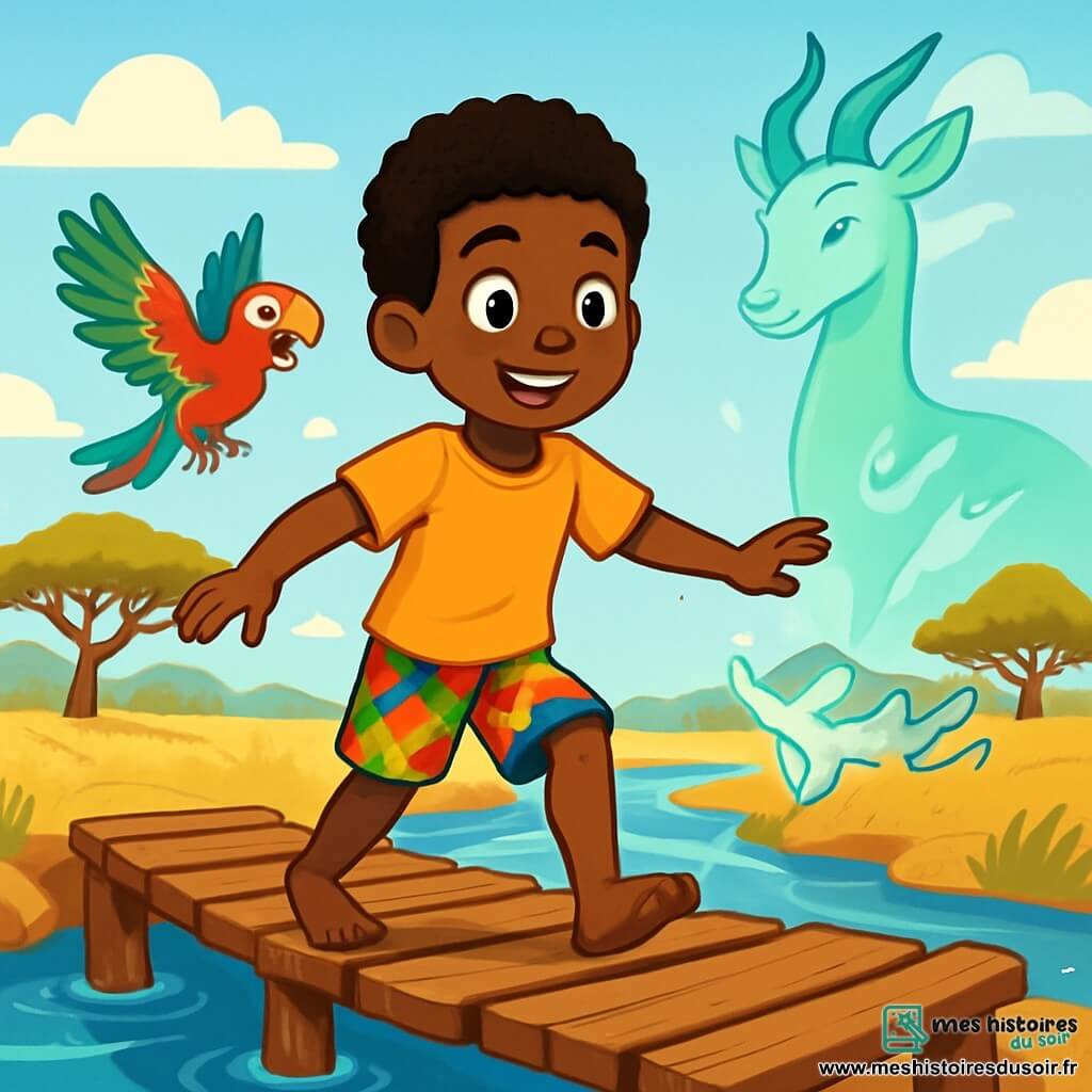 Kofi, un jeune garçon d'environ 12 ans, avec des cheveux crépus et des yeux curieux, se tient au bord d'une grande rivière. Son visage exprime une détermination joyeuse, et il porte un short coloré et un t-shirt léger. Il avance prudemment sur un vieux pont en bois, les bras légèrement écartés pour garder l'équilibre. À ses côtés, Tiko, un perroquet aux plumes éclatantes, vole autour de lui en piaillant joyeusement. En arrière-plan, l'esprit de la rivière, sous la forme d'une gazelle gracieuse, observe Kofi avec bienveillance, ajoutant une touche magique à la scène. Le lieu est une savane ensoleillée, avec des herbes dorées et des arbres majestueux, tandis que le ciel est bleu avec quelques nuages blancs. Kofi, concentré et courageux, s'apprête à traverser le pont pour prouver sa bravoure.