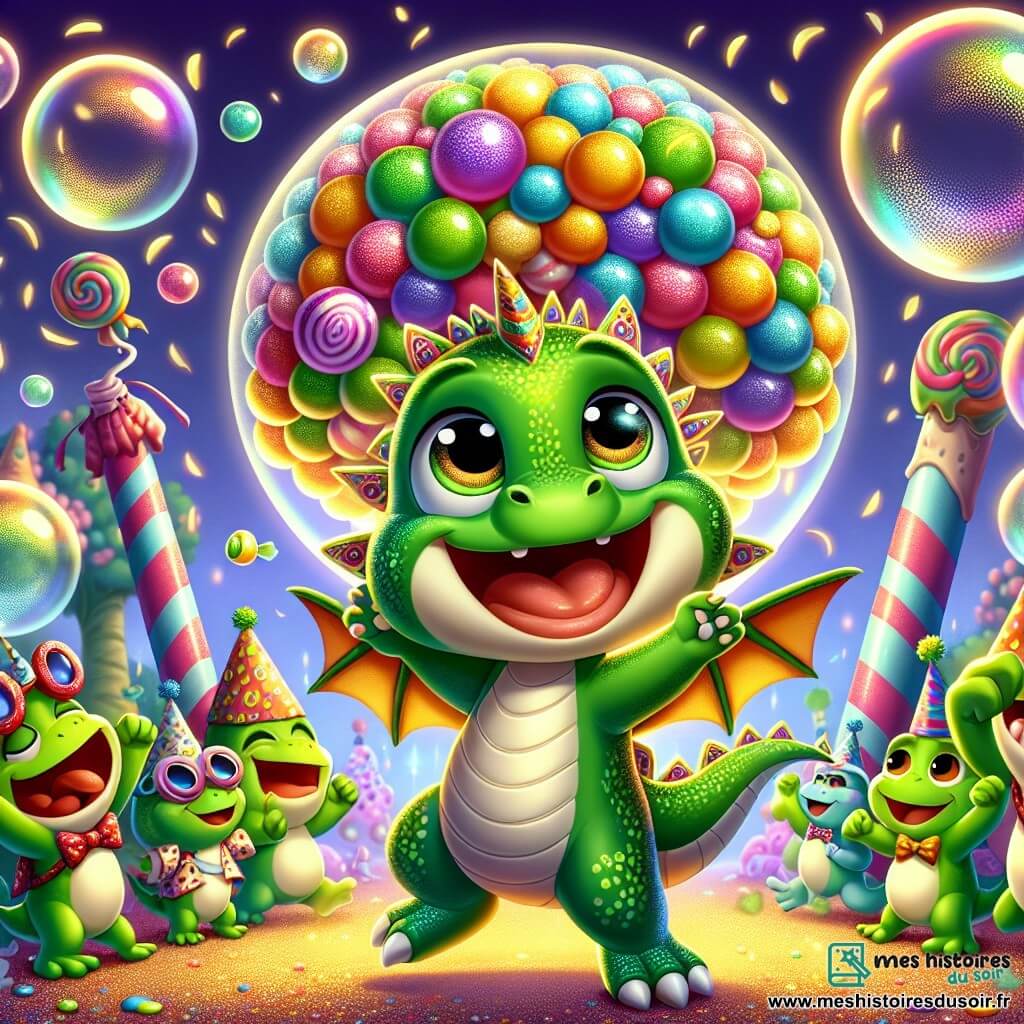 Un petit dragon nommé Zibou, aux écailles vertes scintillantes et aux yeux malicieux, danse joyeusement sous un grand arbre à bonbons, les ailes déployées et un large sourire sur le visage. Autour de lui, des grenouilles colorées, portant des chapeaux de fête, sautent en rythme, rayonnantes de joie. L'une d'elles, une grenouille jaune avec des lunettes de soleil, flotte sur une bulle géante, riant, tandis qu'une grenouille verte avec un nœud papillon rouge applaudit près de Zibou. Le décor enchanteur comprend un arbre à bonbons immense, des friandises multicolores et un sol couvert de confettis scintillants. Zibou danse et chante avec les grenouilles, tandis qu'une bulle géante l'emporte dans les airs, provoquant rires et cris de joie.