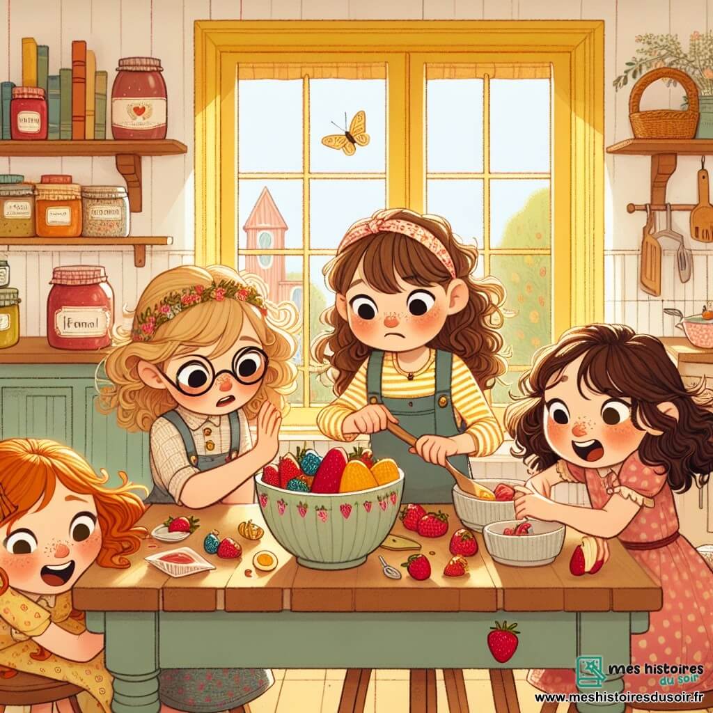 Dans une cuisine ensoleillée, quatre filles de 10 ans sont réunies autour d'une table en bois. Zoé, avec des cheveux bouclés châtains et des lunettes rondes, tient une cuillère en bois pour mélanger des fruits dans un saladier. Emma, aux cheveux raides et blonds, recolle une banane avec un sourire malicieux. Léa, avec des cheveux frisés et roux, rit en ramassant des fraises. Mia, aux cheveux bruns et longs, place une nappe colorée sous la table en riant. La cuisine, lumineuse avec des murs jaunes et des fenêtres ouvertes, est remplie de pots de confiture et de livres de recettes. Les filles s'amusent à préparer un pique-nique, commençant par le dessert et finissant par la nappe, ce qui les fait rire à chaque étape.