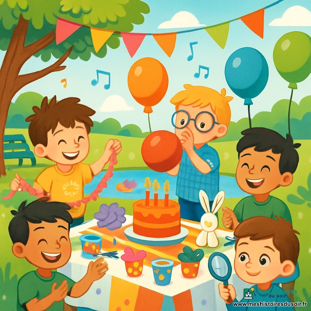 Quatre enfants sont réunis : Artur, presque 7 ans, avec des cheveux bruns en bataille, porte un t-shirt jaune et tient une guirlande rose. Lucas, 7 ans, a des cheveux blonds et des lunettes rondes, il gonfle des ballons colorés en chemise à carreaux bleus. Sami, également 7 ans, sourit avec ses cheveux noirs, porte un t-shirt vert et plie des serviettes en forme de lapins. Jules, 7 ans, avec des cheveux châtains, vérifie la brillance des tasses sur la table, portant un pull bleu et tenant une loupe. L'action se déroule dans un parc ensoleillé avec un chêne, des bancs verts, un étang avec des canards, et une table décorée de manière festive. Les enfants dansent en cercle autour d'une table d'anniversaire, souriants, entourés de décorations colorées et d'un gâteau avec des bougies scintillantes.