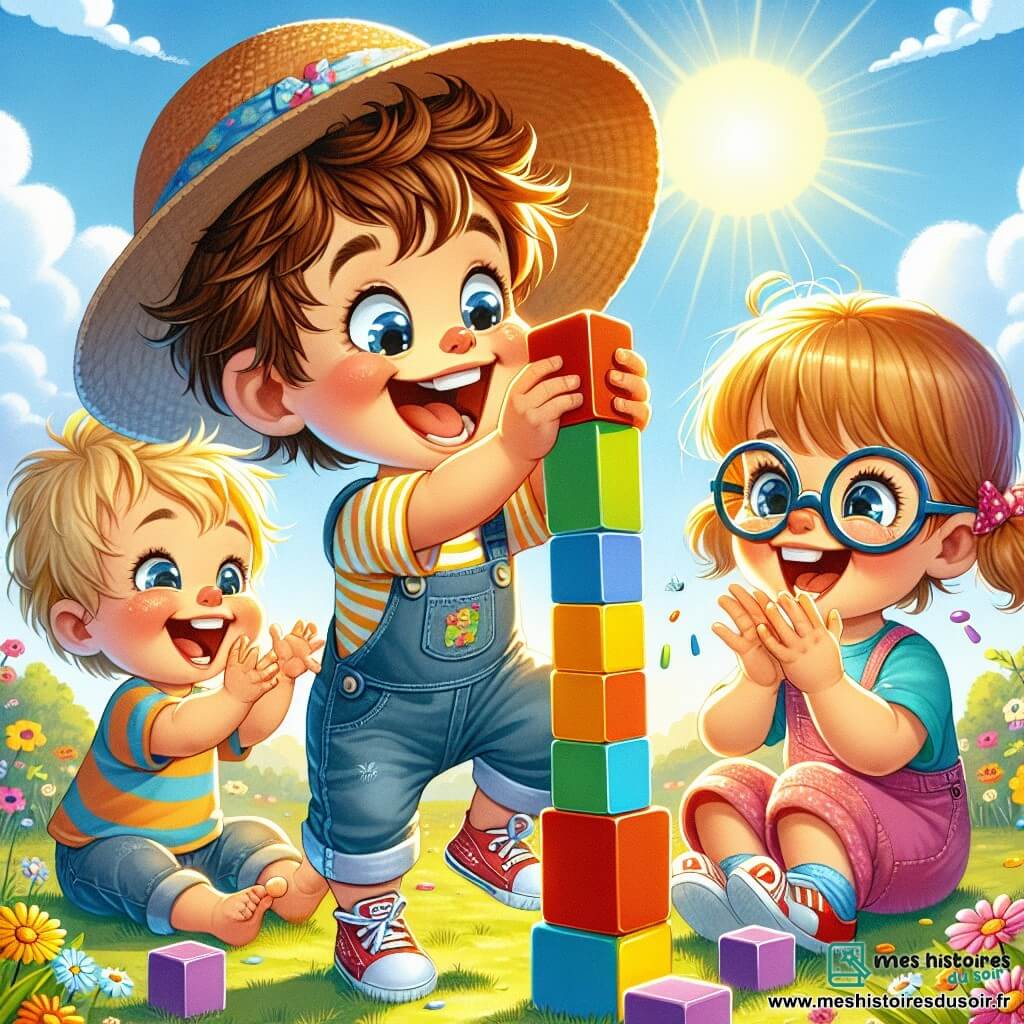 Un petit garçon de 2 ans, Max, souriant et avec des cheveux bruns en bataille, porte un chapeau trop grand qui lui cache les yeux. Accroupi, il tient un cube coloré prêt à le poser sur une tour. À côté, Léo, 3 ans, avec des lunettes glissant sur son nez et des cheveux blonds, rit en levant un autre cube. Plus loin, Mia, 2 ans, avec des couettes et des chaussures rouges, applaudit en s'approchant avec un cube violet. La scène se déroule dans un jardin ensoleillé avec des fleurs colorées et un ciel bleu. Les trois amis s'amusent à construire une tour en cubes, mais celle-ci tombe, provoquant le rire des enfants.