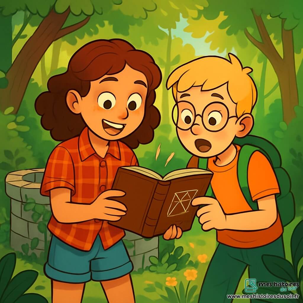 Camille, une fille de 12 ans aux cheveux châtains bouclés, porte une chemise à carreaux rouge et un short en jean. Elle tient un vieux carnet en cuir avec un grand sourire d'excitation. À ses côtés, Max, un garçon de 12 ans aux cheveux blonds et lunettes rondes, admire le carnet. Ils sont près d'un vieux puits en pierre, entouré de lierre et de fleurs sauvages, dans une forêt dense où la lumière du soleil filtre à travers les feuilles. Ils tentent de déchiffrer une énigme du carnet, créant une atmosphère d'aventure et de mystère.