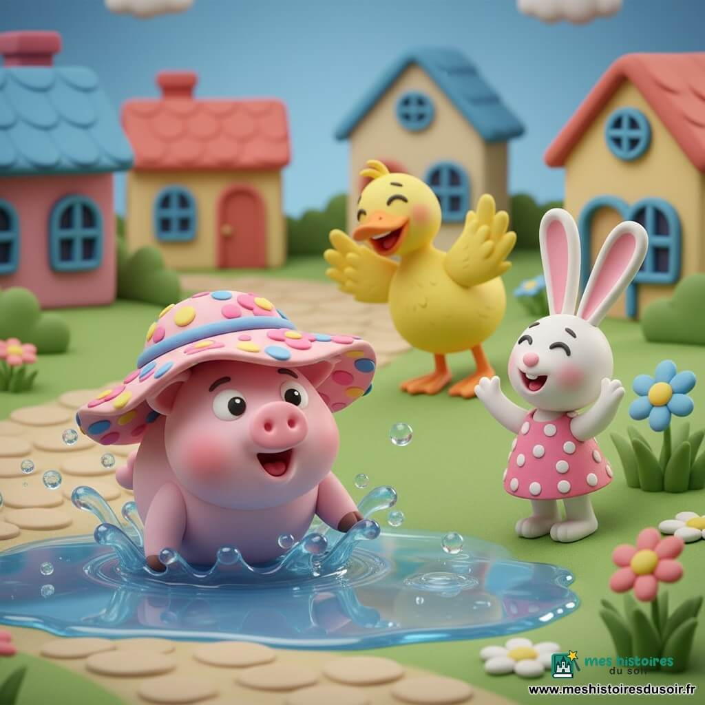 Un cochon rose dodu au museau rond et petites oreilles pointues, coiffé d'un chapeau à fleurs trop grand qui lui glisse sur les yeux, tombe tête la première dans une grande flaque brillante tandis qu'une lapine blanche à pois rit debout au bord, une patte levée, et qu'un canard jaune secoue ses plumes en riant sur un talus ; le village de maisons colorées en pâte à modeler, le chemin pavé beige, les touffes d'herbe et les fleurs stylisées forment une scène comique et lumineuse aux couleurs vives et textures lisses, avec éclaboussures rondes et ambiance tendre.