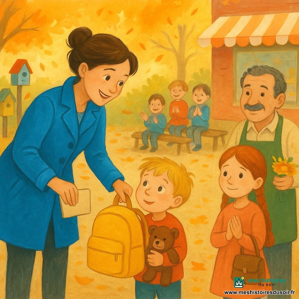Une détective d'environ 35 ans, cheveux bruns en chignon décontracté, visage souriant et concentré, porte un manteau bleu vif et tient un petit carnet beige; elle tend un cartable jaune retrouvé à Lucas, un garçon de 5 ans aux cheveux blonds en bataille, soulagé, tenant son doudou brun. À côté, Lila, 8 ans, rousse et timide mais heureuse, tient un petit sac marron et se tient en retrait, mains jointes. Monsieur Paul, le fleuriste d'environ 50 ans, au visage chaleureux et portant un tablier vert avec un ruban bleu, tient un petit bouquet près d'un banc, fier et un peu gêné. Autour, plusieurs enfants de 4 à 6 ans applaudissent doucement. Le décor est une cour d'école automnale avec feuilles orange et jaune tourbillonnantes, bancs en bois usé, bac à sable, petit jardin d'oiseaux avec nichoirs colorés et une boulangerie en arrière-plan; l'ambiance est chaleureuse et apaisée, aux couleurs douces et textures gouache, centrée sur la retrouvaille et la gentillesse partagée.