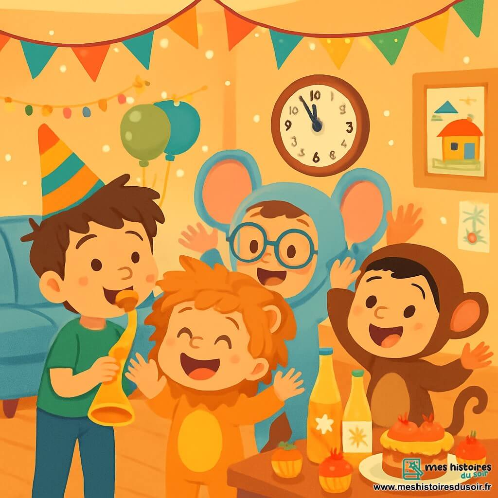 Quatre enfants se préparent pour le Nouvel An : Léo, 7 ans, avec des cheveux bruns en bataille et un chapeau pointu, tient une trompette ; Max, 6 ans, déguisé en lion, rit à ses côtés ; Tom, 5 ans, en éléphant avec des lunettes, fait des gestes derrière Max ; et Hugo, 6 ans, en singe, saute de joie à côté de Tom. La scène se déroule dans le salon de Léo, décoré de guirlandes et de ballons, avec une table pleine de gâteaux et de boissons. Les garçons préparent un spectacle pour leurs parents, qui les regardent émerveillés, prêts à célébrer la nouvelle année.