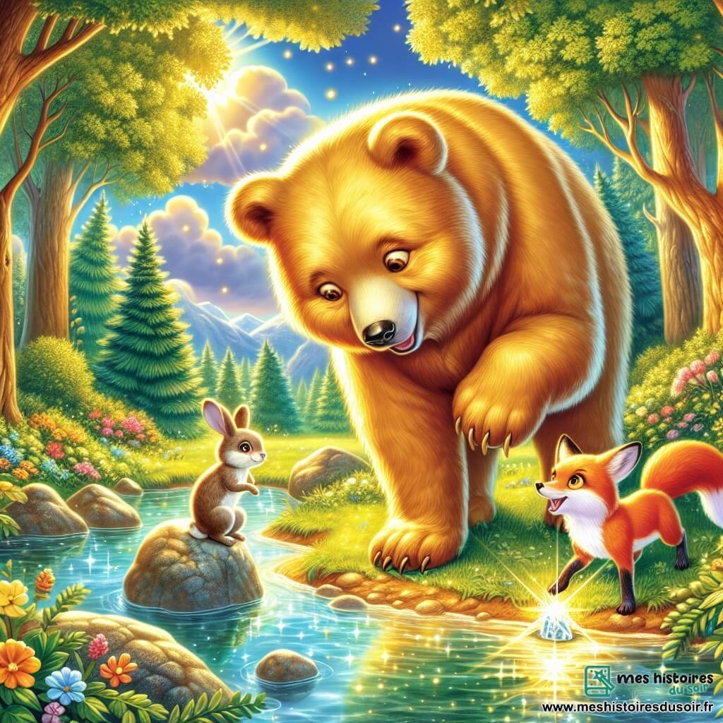 Une ourse au pelage doré se tient au bord d'un lac cristallin, regardant une petite pierre scintillante avec curiosité. À ses côtés, un renard espiègle l'observe, tandis qu'un lapin aux grandes oreilles, excité, se tient derrière eux. Le décor est une forêt enchantée avec des arbres majestueux, des fleurs colorées et un ciel bleu. La lumière du soleil crée des éclats dorés sur l'eau. Ensemble, ils découvrent la pierre mystérieuse, symbole d'une aventure pleine de rêves.