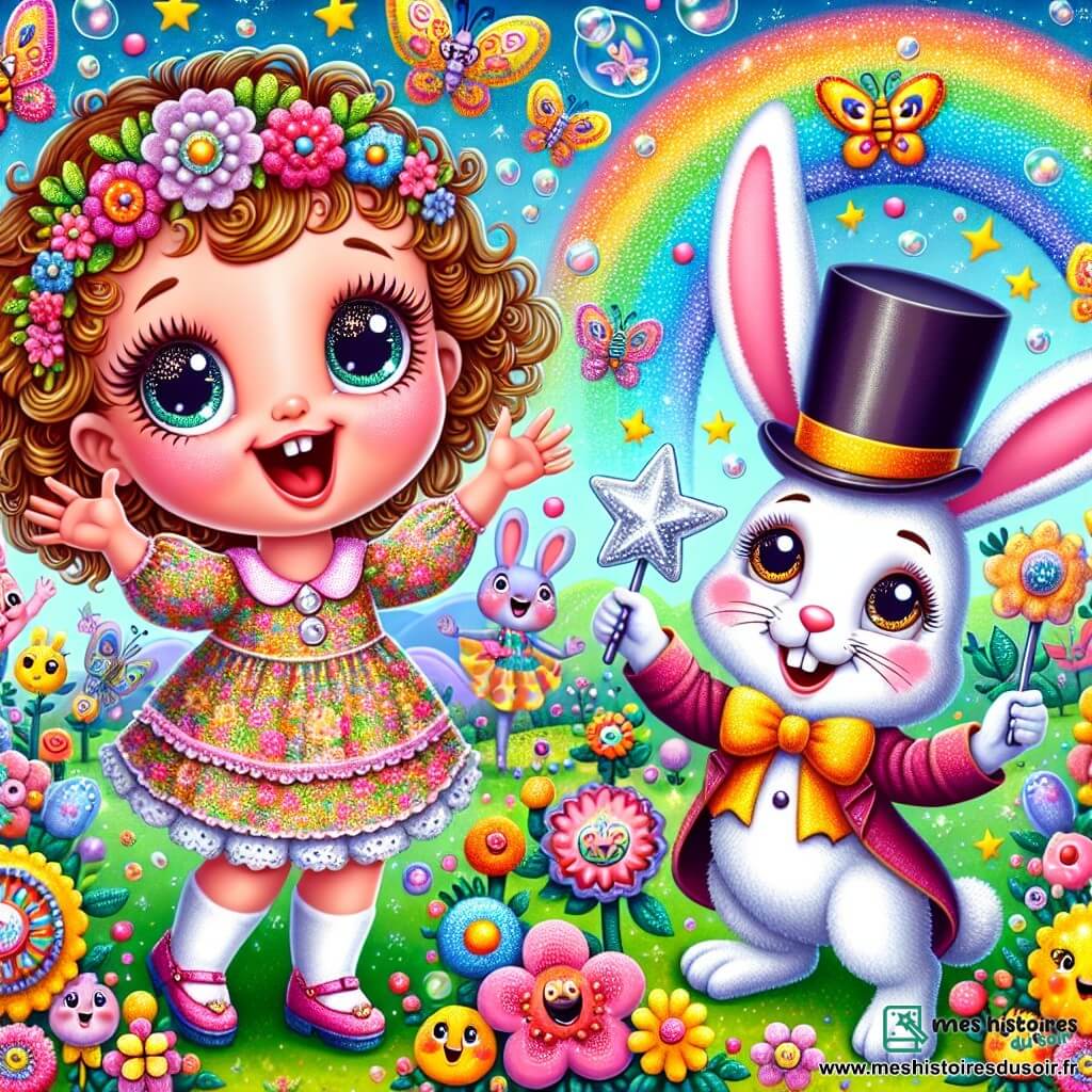 Une petite fille de 3 ans, nommée Lila, avec de grands yeux pétillants et des cheveux bouclés, porte une robe colorée à fleurs. Elle rit aux éclats en tenant une étoile argentée. À côté d'elle, un petit lapin en chapeau haut de forme fait une révérence en souriant. Le décor est un jardin magique rempli de fleurs chantantes, de papillons et d'arbres étranges, sous un ciel bleu. Lila et Monsieur Lapin partagent un moment de rire, entourés de bulles et de confettis colorés.
