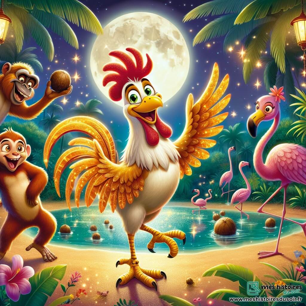 Un coq nommé Coco, avec des plumes dorées, se tient au centre de la scène, les ailes déployées et souriant, exprimant sa joie. À sa droite, Benny, un babouin espiègle, jongle avec des noix de coco en riant. À gauche, Florette, une flamante rose élégante, danse gracieusement. En arrière-plan, un lac scintille sous la lune, entouré de palmiers et de fleurs tropicales, créant une ambiance magique. La scène représente une fête joyeuse dans la jungle du zoo, où Coco et ses amis animaux célèbrent l'amitié et la musique sous les étoiles.