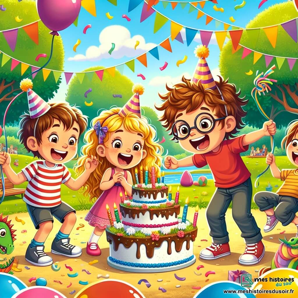 Dans un parc ensoleillé, quatre enfants célèbrent un anniversaire. Lucas, 8 ans, avec des cheveux bruns et un t-shirt rouge, est surpris au centre. À sa droite, Clara, 7 ans, sourit avec sa robe rose. À gauche, Max, 8 ans, rit avec un ballon coloré. Léo, 7 ans, prépare une blague avec des confettis. Le parc est décoré de ballons, de guirlandes et d'un grand gâteau en forme de dragon avec des bougies. Les amis et voisins sourient autour d'eux, créant une ambiance festive et magique.