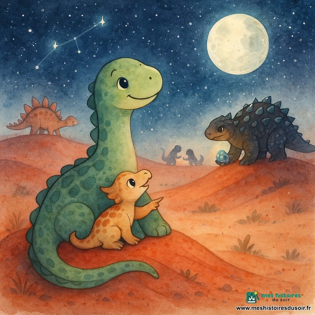 Doro, un grand diplodocus rond et doux au visage expressif et aux yeux brillants, est assis sur une dune, queue ondulante couverte d'écailles vert tendre, une patte posée devant lui, regardant le ciel avec un sourire apaisé; Pipo, petit protocératops crème à taches rouille, yeux vifs, blotti contre la base du cou de Doro en montrant une constellation du museau; Karo, un ankylosaure massif à carapace sombre parsemée d'éclats d'obsidienne, se tient en retrait tenant une pierre phosphorescente; en arrière-plan une stégosaure à épines roses et deux petites silhouettes forment un cercle en riant et échangeant des pierres scintillantes; lieu : vaste désert de dunes rouges sous une grande lune argentée, ciel étoilé, brume légère et herbes ponctuelles; atmosphère : scène nocturne chaleureuse et intime où la lune et les lueurs des pierres éclairent délicatement les écailles et le sable.
