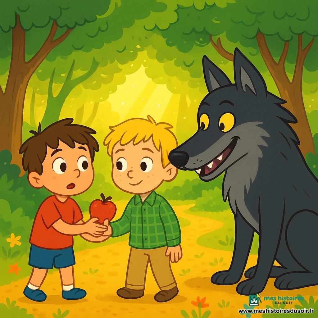 Il y a trois personnages : Jules, un garçon de 4 ans avec des cheveux bruns en désordre, un t-shirt rouge et un short bleu, tenant la main de Léo ; Léo, également âgé de 4 ans, avec des cheveux blonds, des taches de rousseur, une chemise à carreaux verts et un pantalon beige, souriant timidement au loup ; et le grand méchant loup, majestueux avec un pelage gris foncé et des yeux jaunes, observant les garçons avec curiosité. L'action se déroule dans une forêt enchantée, avec des arbres touffus et des rayons de soleil illuminant le sol. Jules et Léo, main dans la main, parlent au loup avec des expressions craintives mais amicales, partageant une petite pomme rouge, symbole de leur courage et amitié, tandis que le loup s'approche doucement.