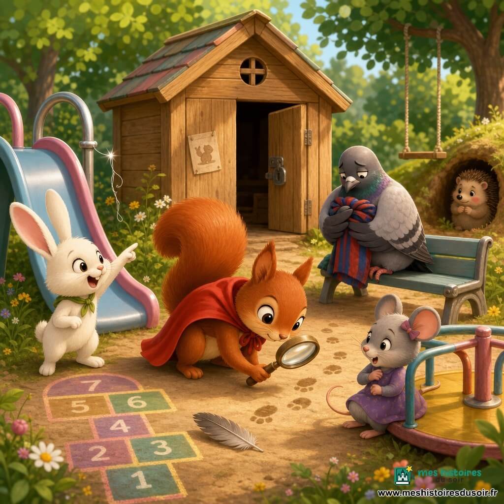 Noisette, une jeune écureuil roux au pelage brillant et aux yeux vifs, porte une petite cape rouge et, concentrée et curieuse, penche une loupe en bois sur des traces au sol ; à gauche, Coco, un lapin blanc malicieux aux longues oreilles roses, pointe un fil brillant accroché à la poignée du toboggan ; Lili, une petite souris grise timide, assise près du tourniquet, serre une minuscule main contre sa poitrine, soulagée et surprise ; Gaspard, un pigeon gris soigné, se tient sur le banc derrière eux, penaud, tenant une couverture rayée rouge et bleue ; Pico, un hérisson rond et timide, apparaît à l’arrière-plan près du terrier, rougissant et regardant le groupe ; au centre de la plaine de jeux ensoleillée, la cabane en bois est ouverte avec la porte légèrement entrouverte et une serrure en vieux métal, entourée d’un toboggan en métal pastel, d’une balançoire en corde, d’une marelle peinte, d’arbres aux feuilles vert émeraude et d’un sol de terre claire parsemé de petites fleurs sauvages — ambiance chaleureuse et enquête amicale centrée sur Noisette et la cabane, couleurs vives et contrastes doux.
