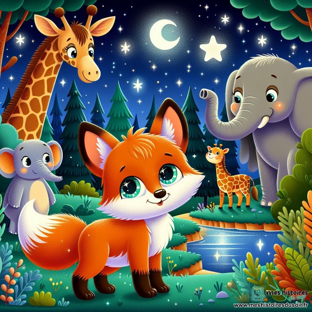 Un petit renard nommé Filou, avec un pelage orange vif, regarde avec curiosité, debout sur ses pattes arrière, prêt à explorer la nuit étoilée. À ses côtés, Éliot l'éléphant, grand et gris, se cache derrière un buisson, riant doucement, tandis que Gigi la girafe, avec son long cou, lève la tête vers le ciel, fascinée par les étoiles. La scène se déroule dans un zoo tranquille, illuminé par la lune, entouré de grands arbres et de buissons colorés. Les amis se tiennent ensemble, prêts à découvrir les bruits mystérieux de la nuit, leurs visages illuminés par l'excitation et l'amitié.