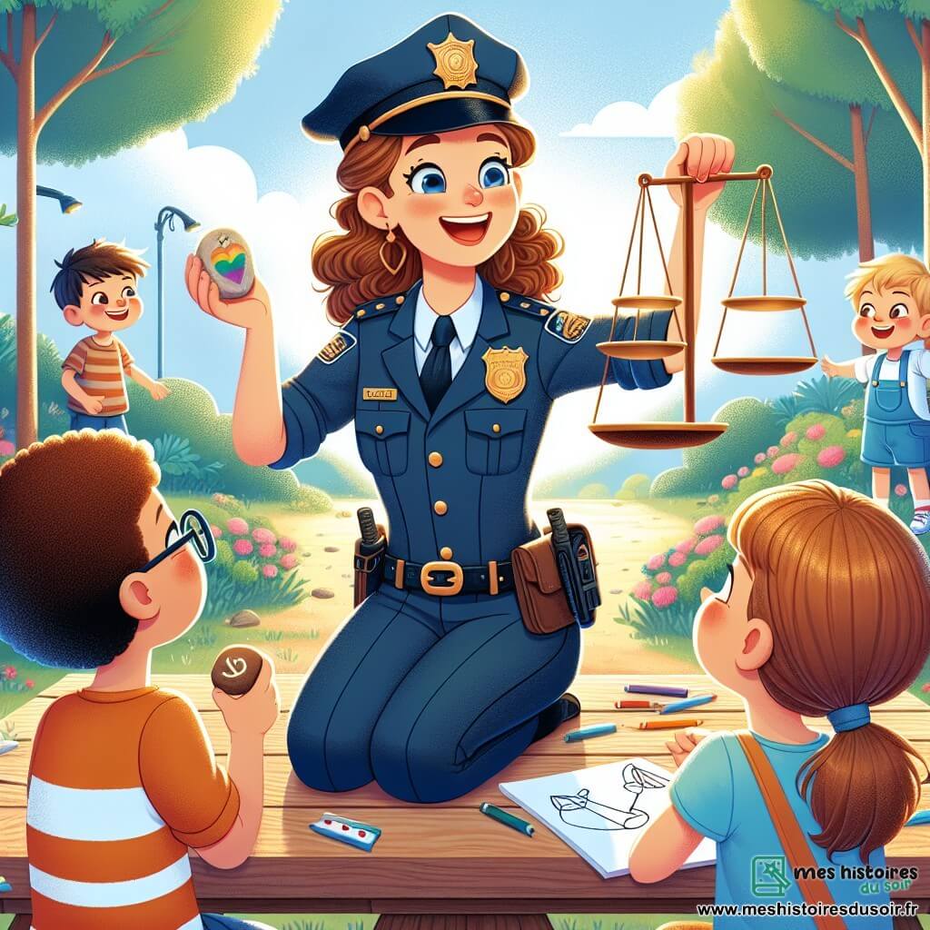 Au centre de l'image, une policière souriante, Léa, est assise sur une table de pique-nique en bois, entourée d'enfants. À sa droite, une petite fille d'environ 8 ans, avec des couettes, tient un dessin d'une balance et regarde Léa avec admiration. À gauche, un garçon de 10 ans, portant des lunettes, tient une pierre sur laquelle est écrit "sécurité". Le décor est un parc verdoyant de Saint-Malo, avec des arbres, des fleurs et des enfants jouant en arrière-plan. Léa explique aux enfants l'importance de la sécurité et de la justice lors d'une chasse au trésor éducative.