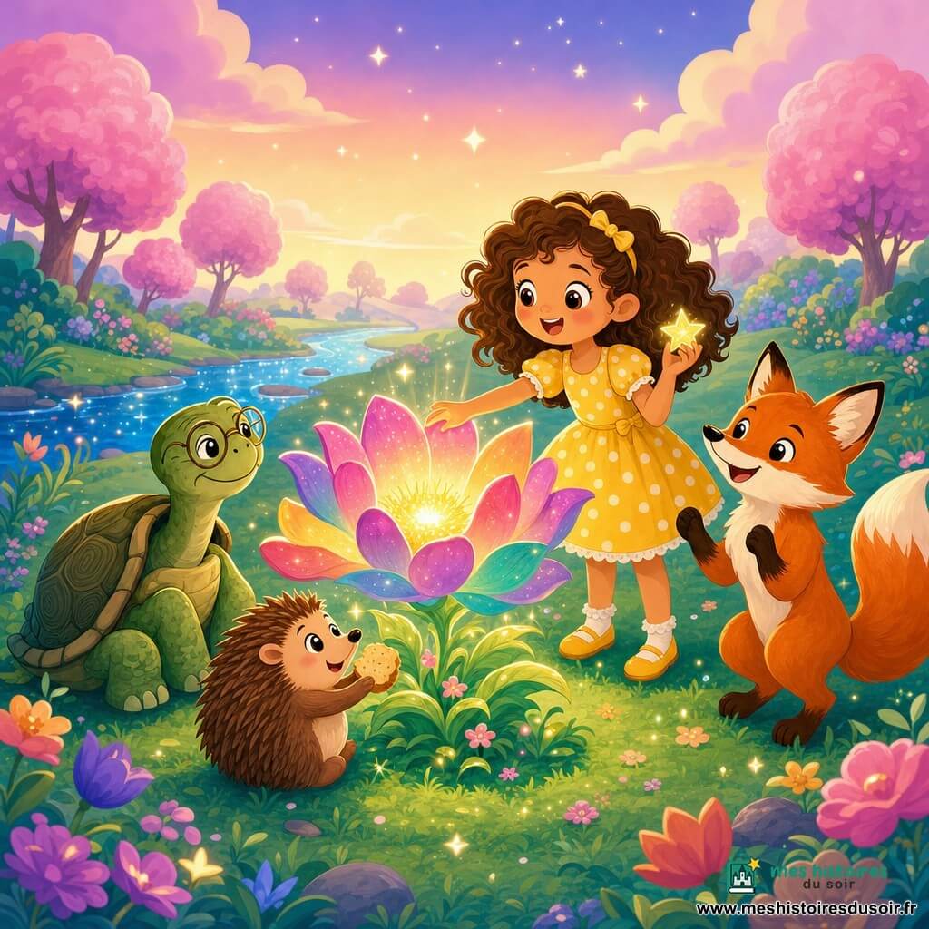 Emma, une fille aux cheveux bruns bouclés, robe jaune à pois blancs, souriante et émerveillée, tient une petite clé dorée et une étoile brillante devant une immense fleur lumineuse qu'elle effleure ; à droite un renard roux sur ses pattes arrière agite la queue, à gauche une vieille tortue à la carapace verte sourit au pied de la fleur, et entre elles un hérisson marron grignote un morceau de pain partagé par Emma ; le jardin enchanté, herbe stylisée, arbres roses en boules, rivière scintillante et ciel pastel, entoure la fleur magique aux pétales multicolores qui émet de doux rayons tandis que tous forment un cercle dans un moment de joie et de réveil magique.
