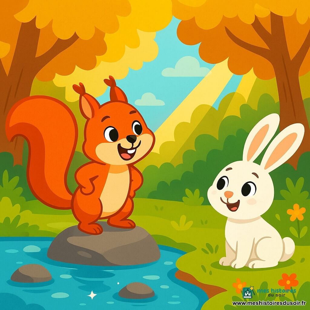 Un écureuil au pelage roux, nommé Filou, se tient sur une pierre au bord d'une rivière, avec des yeux déterminés et un large sourire. Il regarde le chemin à travers la forêt. Près de lui, un gros lapin aux grandes oreilles blanches, Loulou, l'observe avec admiration, assis sur l'herbe. La forêt est luxuriante, avec des arbres aux feuilles dorées et des fleurs colorées. Filou, prêt à sauter d'une pierre à l'autre pour traverser la rivière, montre son courage, tandis que Loulou l'encourage avec un sourire.