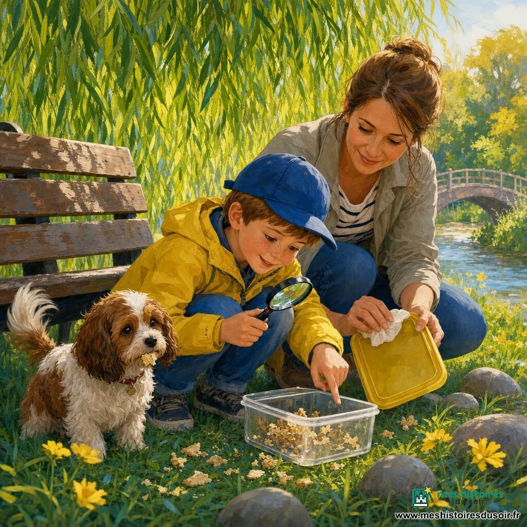 Garçon de 6 ans, curieux et fier, regard attentif, sourire malin, cheveux châtains courts, taches de rousseur, casquette bleue et veste jaune, accroupi près d’un banc en bois, tenant un petit carnet bleu et une loupe, montrant du doigt une boîte transparente ouverte; une femme d’environ 30 ans, maman bienveillante aux cheveux châtain clair attachés, accroupie derrière lui à sa droite, essuyant doucement le couvercle jaune avec une lingette; petite chienne Paillette, poil brun et blanc ondulé, museau avec une miette, queue qui remue, assise près d’eux; lieu : rive d’une petite rivière avec herbe verte parsemée de fleurs jaunes, saule aux branches tombantes formant un auvent, banc usé, cailloux lisses et petit pont en arrière-plan, lumière douce de fin d’après-midi; situation : moment de découverte — le garçon «détective» montre la boîte de biscuits trouvée sous le banc, couvercle jaune posé à côté et miettes sur l’herbe, ambiance d’enquête amicale et tendre, couleurs chaudes et textures de peinture acrylique visibles.