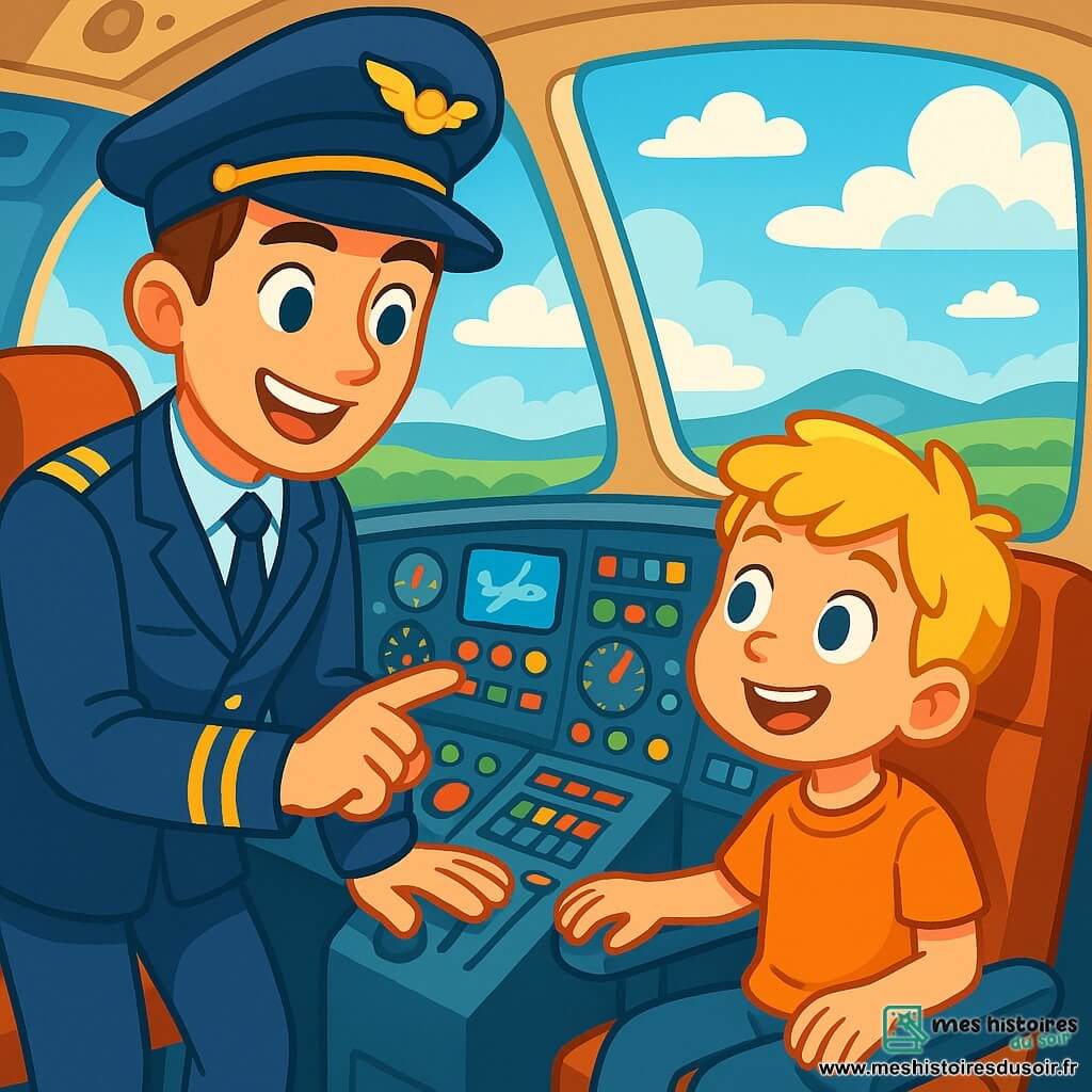 Un jeune homme de 18 ans, Tom, se trouve dans le cockpit d'un avion, affichant un large sourire et des yeux brillants d'excitation. Il porte un uniforme de pilote bleu foncé avec des galons dorés, et son casque est légèrement incliné. À ses côtés, un enfant de 10 ans aux cheveux blonds admire les instruments de bord, captivé par l'expérience. Le cockpit est rempli de lumières clignotantes et d'instruments colorés, avec un grand hublot offrant une vue sur un ciel bleu et des paysages verdoyants. Tom explique avec enthousiasme aux enfants comment piloter un avion, alors qu'ils se préparent pour un vol spécial plein d'aventures.