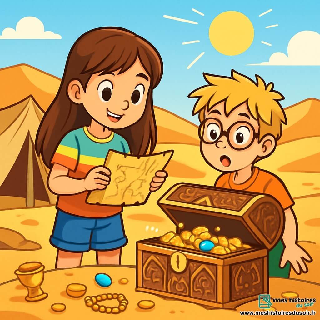 Léa, une fille de 10 ans aux longs cheveux bruns et aux yeux curieux, se tient au centre de l'image, souriante. Elle porte un t-shirt coloré et un short, tenant une carte ancienne, fixant un coffre en bois orné de motifs arabes. À ses côtés, Max, un garçon de 10 ans aux cheveux blonds en bataille et lunettes, regarde le coffre, étonné. En arrière-plan, le désert d'Arabie s'étend avec des dunes dorées sous un ciel bleu et un soleil éclatant. La scène montre Léa et ses amis découvrant un trésor ancien dans un campement abandonné, entourés de mystère et d'aventure.