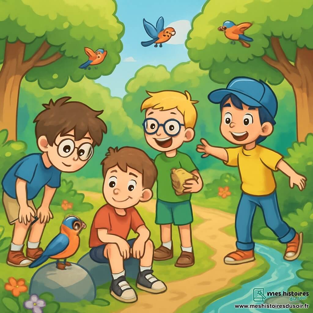 Quatre enfants explorent une forêt verdoyante. Tom, 10 ans, a des cheveux bruns en bataille et des lunettes rondes, il observe un oiseau coloré. Lucas, également 10 ans, avec des cheveux blonds et des lunettes carrées, sourit en tenant un sandwich. Maxime, avec des cheveux châtains et des taches de rousseur, est assis sur une pierre, légèrement fatigué mais souriant. Adrien, avec des cheveux noirs et une casquette bleue, pointe vers un ruisseau avec excitation. La forêt est remplie d'arbres majestueux, de fleurs colorées et d'oiseaux, créant une ambiance magique. Les enfants, curieux et enthousiastes, découvrent un chemin le long du ruisseau, prêts à surmonter les obstacles ensemble.