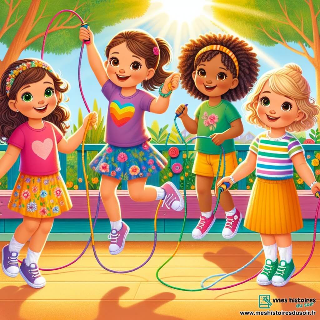 Quatre filles d'environ 8 ans se tiennent dans une cour de récréation ensoleillée. Célia, aux cheveux bruns et bouclés, porte un t-shirt rose et un short bleu, souriant avec une corde à sauter. Emma, aux cheveux blonds et lisses, est en robe à fleurs colorées et compte à haute voix, les bras levés. Lila, aux cheveux noirs et raides, habillée d'un t-shirt vert et d'un pantalon jaune, applaudit Amina, qui a des cheveux châtains et frisés, un t-shirt violet, et saute à la corde avec un grand sourire. La cour est colorée avec des jeux en bois, des arbres et des fleurs. Les filles jouent ensemble, apprenant à Amina à sauter à la corde, symbolisant l'amitié et la célébration de leurs différences culturelles.