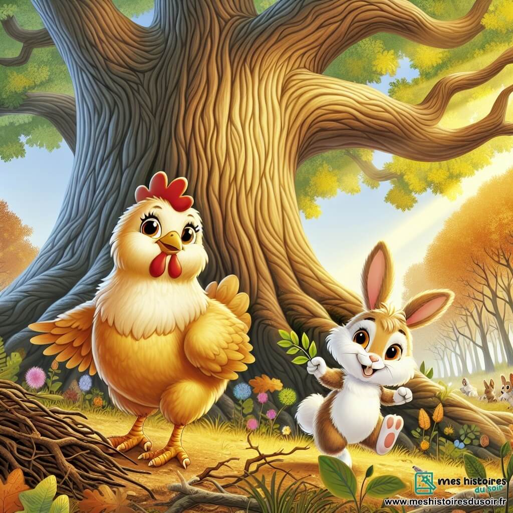 Coquette, une poule au plumage doré et brillant, se tient fièrement au centre de la scène, ses yeux pétillants de détermination. Elle gratte le sol, entourée de feuilles, prête à aider ses amis. À côté d'elle, Grigri, un petit lapin aux grandes oreilles, saute joyeusement avec une brindille dans ses pattes. En arrière-plan, un vieux chêne majestueux semble observer la scène. La forêt environnante est colorée, avec des rayons de soleil illuminant le sol parsemé de fleurs. Coquette et Grigri sont unis dans leur mission pour sauver la forêt, rassemblant des matériaux pour aider les jeunes arbres à grandir après une tempête.