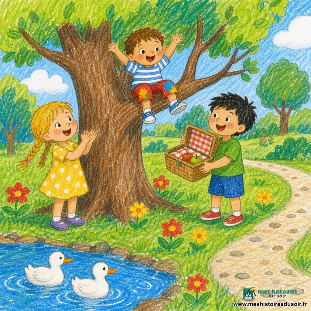 Lucas, 2 ans, cheveux bruns courts, souriant et émerveillé, est assis sur une branche basse d’un grand arbre, bras levés et taches de peinture sur les genoux de son short rouge; à gauche, une fillette de 5 ans, blonde en nattes, en robe jaune à pois blancs, applaudit, et à droite, un garçon de 4 ans, cheveux noirs en bataille, en t-shirt vert, tient une boîte de pique-nique ouverte; le parc présente de l’herbe verte, des fleurs rouges et jaunes, un petit lac bleu avec deux canards blancs et un chemin de gravier clair, le tout sous un doux soleil avec ombres simples, style crayonné coloré aux traits ronds, formes simples et palette gaie et contrastée.