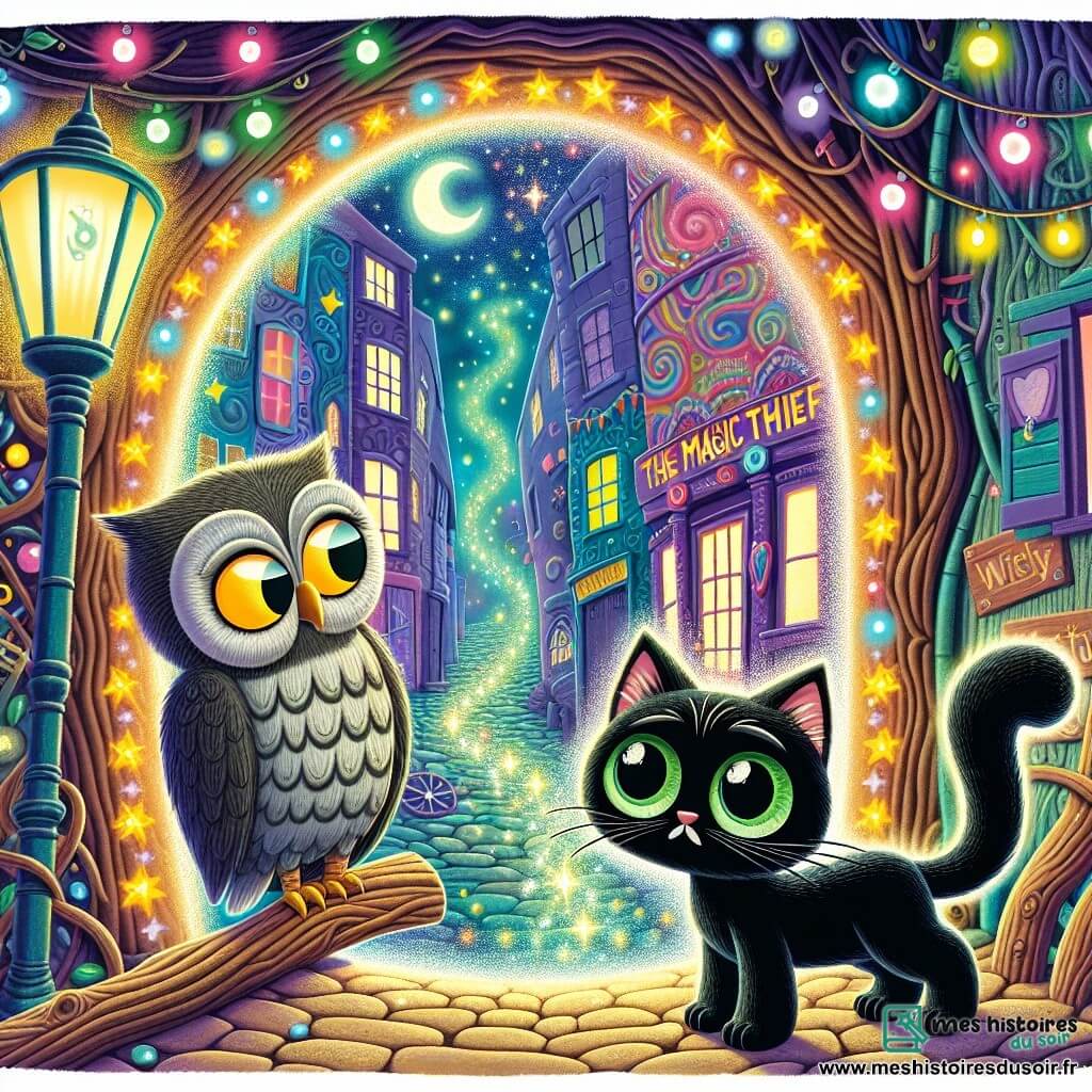 Un petit chat noir nommé Oliver, avec des yeux verts et une queue enroulée, se tient devant un portail magique scintillant, affichant une expression déterminée. Il est entouré de lumières colorées et d'étincelles de magie. À ses côtés, un vieux hibou sage, aux plumes grises, observe la scène avec fierté, perché sur une branche. Le lieu est une ruelle vibrante de Détourville, remplie de bâtiments colorés, où des créatures étranges se déplacent. Oliver est prêt à entrer dans le portail pour affronter le voleur de magie, marquant le début de son aventure héroïque.