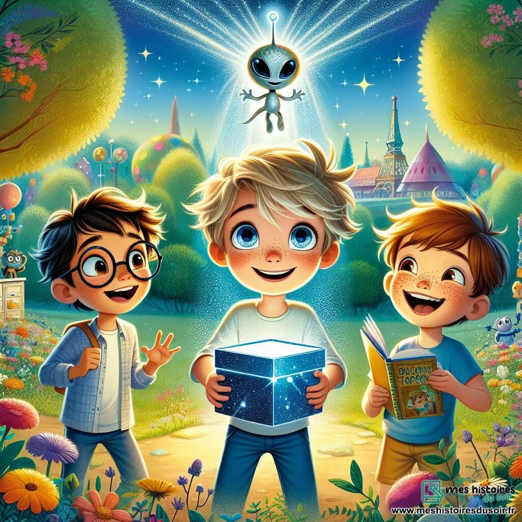 Dans un parc coloré de Lumièreville, trois garçons de sept ans sont réunis. Max, avec des cheveux en bataille et des yeux pétillants, tient une boîte brillante au-dessus de sa tête en souriant. À sa droite, Léo, portant des lunettes rondes, regarde la boîte avec curiosité, un livre de sciences à la main. À gauche, Tom, aux cheveux blonds et aux taches de rousseur, rit en faisant une grimace. Le parc est rempli de fleurs multicolores, d'arbres aux feuilles éclatantes et d'un ciel bleu clair parsemé de nuages blancs. La boîte magique émet des lumières scintillantes, tandis qu'un hologramme d'une créature extraterrestre apparaît au-dessus d'eux, créant une atmosphère d'émerveillement et d'aventure. Les garçons sont captivés, prêts à vivre une incroyable aventure intergalactique.