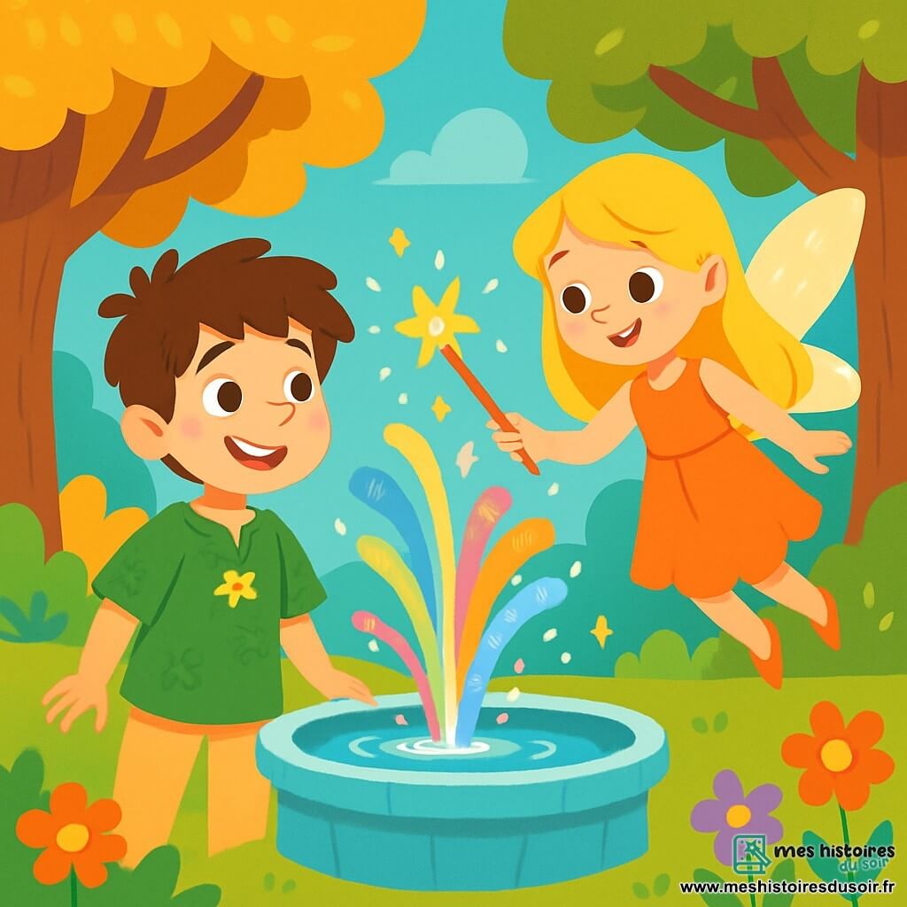 Émile, un jeune garçon de 12 ans aux cheveux bruns en désordre et aux yeux curieux, se tient au bord d'une fontaine magique avec un sourire émerveillé. Il porte une tunique verte à motifs floraux et des pantalons beiges. À ses côtés, la fée Lila, une fillette de 10 ans aux longs cheveux dorés et ailes scintillantes, flotte en souriant, tenant une baguette magique lumineuse. Le décor est une clairière enchantée, entourée d'arbres aux feuilles dorées et argentées, avec des fleurs multicolores. Émile, fasciné, est prêt à écouter les conseils de Lila pour commencer leur aventure de sauvetage du royaume.