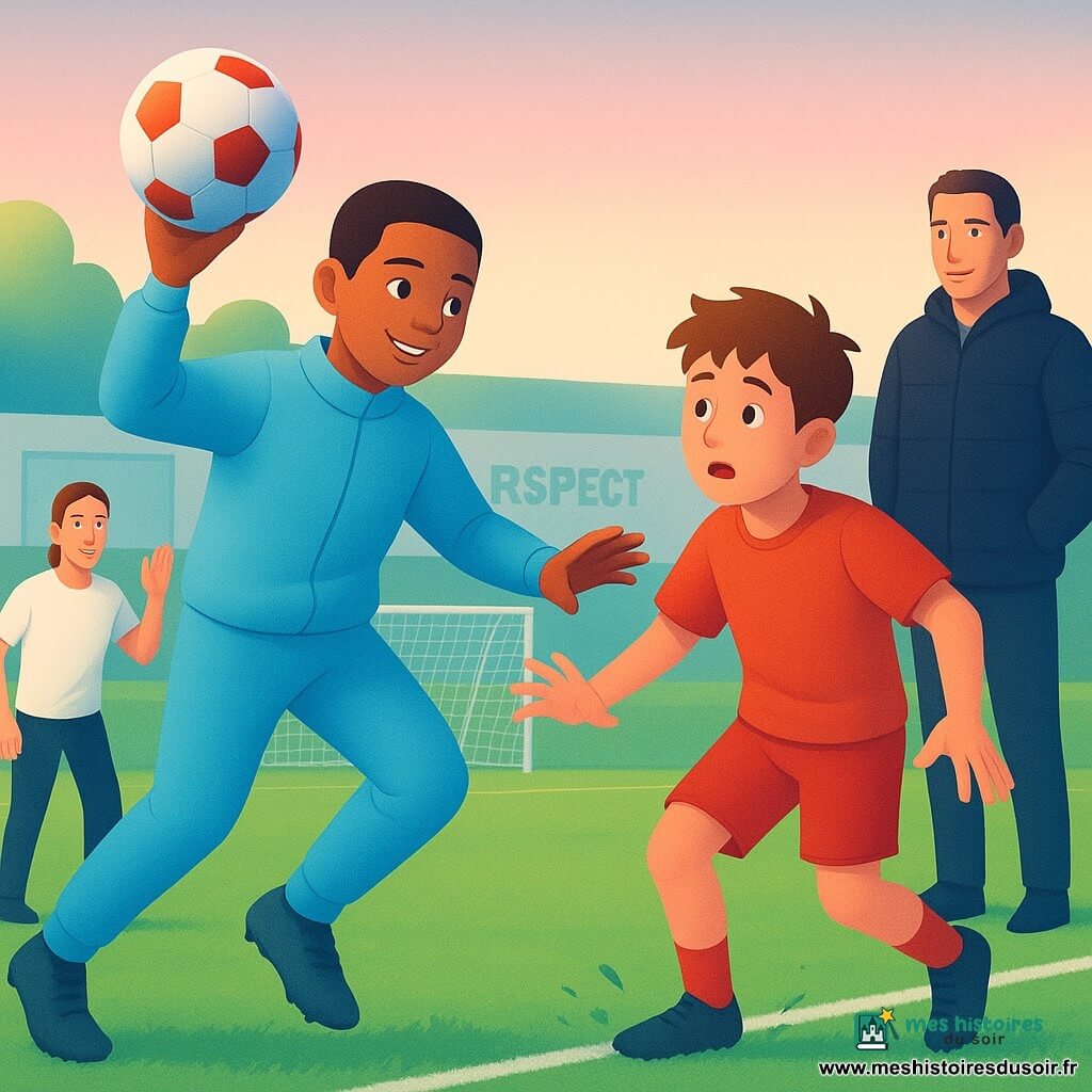 Naël, environ 11–12 ans, visage rond peau caramel cheveux courts noirs en survêtement bleu ciel, intercepte un ballon et lève la tête pour passer; Karim, 11–12 ans cheveux bruns en bataille en short rouge à quelques mètres à droite, reçoit et manque le contrôle, surpris et gêné; Mateo, homme 25–30 ans cheveux attachés en maillot blanc, se tient derrière à gauche main levée pour encourager, regard bienveillant; Coach Lenoir, homme 40–50 ans en doudoune noire mains dans les poches, observe sur la ligne de touche; terrain d’entraînement herbe verte, marques blanches, filets au loin, mur peint «Respect — Travail — Esprit d’équipe», lumière du matin douce, atmosphère claire — mini-opposition d’entraînement, moment de fair-play, composition dynamique et couleurs vives.