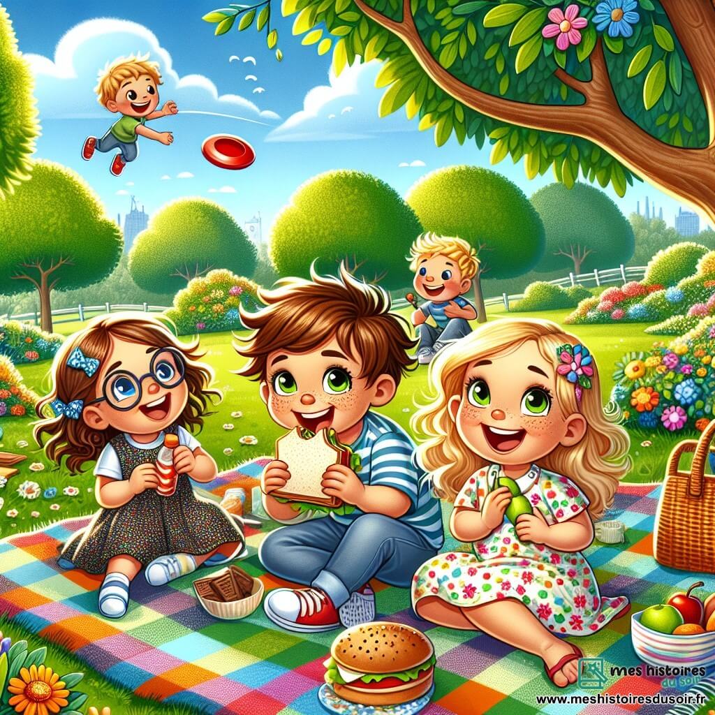 Célestin, un petit garçon de 5 ans aux cheveux bruns en bataille et aux yeux pétillants, est assis sur une couverture colorée dans un parc ensoleillé, souriant avec un sandwich dans une main et un biscuit au chocolat dans l'autre, entouré de ses amis. À côté, Léo, 6 ans, cheveux blonds et lunettes rondes, lance un frisbee rouge en riant. Clara, 5 ans avec des tresses brunes, croque dans une pomme allongée sur la couverture, tandis qu'Emma, 6 ans aux cheveux bouclés, se prépare à sauter sur un trampoline. Le parc est verdoyant, avec des arbres, des fleurs colorées et un ciel bleu. La scène montre Célestin et ses amis profitant de leur pique-nique, partageant des rires et des histoires sous un soleil éclatant, dans une ambiance estivale joyeuse.