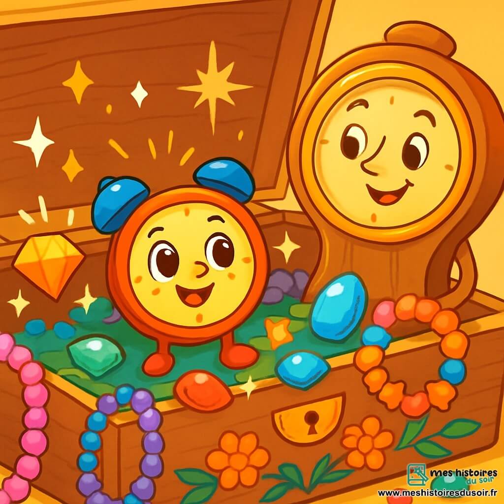 Pomme, une petite montre ronde aux couleurs vives avec un visage souriant, se trouve au centre d'une boîte à bijoux, entourée de bijoux colorés qui scintillent. À sa droite, sa grande sœur Pendule, une montre élégante au cadran doré, l'encourage à explorer de nouvelles activités. La boîte à bijoux en bois, ornée de motifs floraux, est remplie de colliers, de bracelets et de pierres précieuses. Pomme se prépare à relever le défi « Moins d’écrans, plus d’amis ! », excitée par les bijoux autour d'elle, prête à découvrir des jeux et des aventures sans écran.