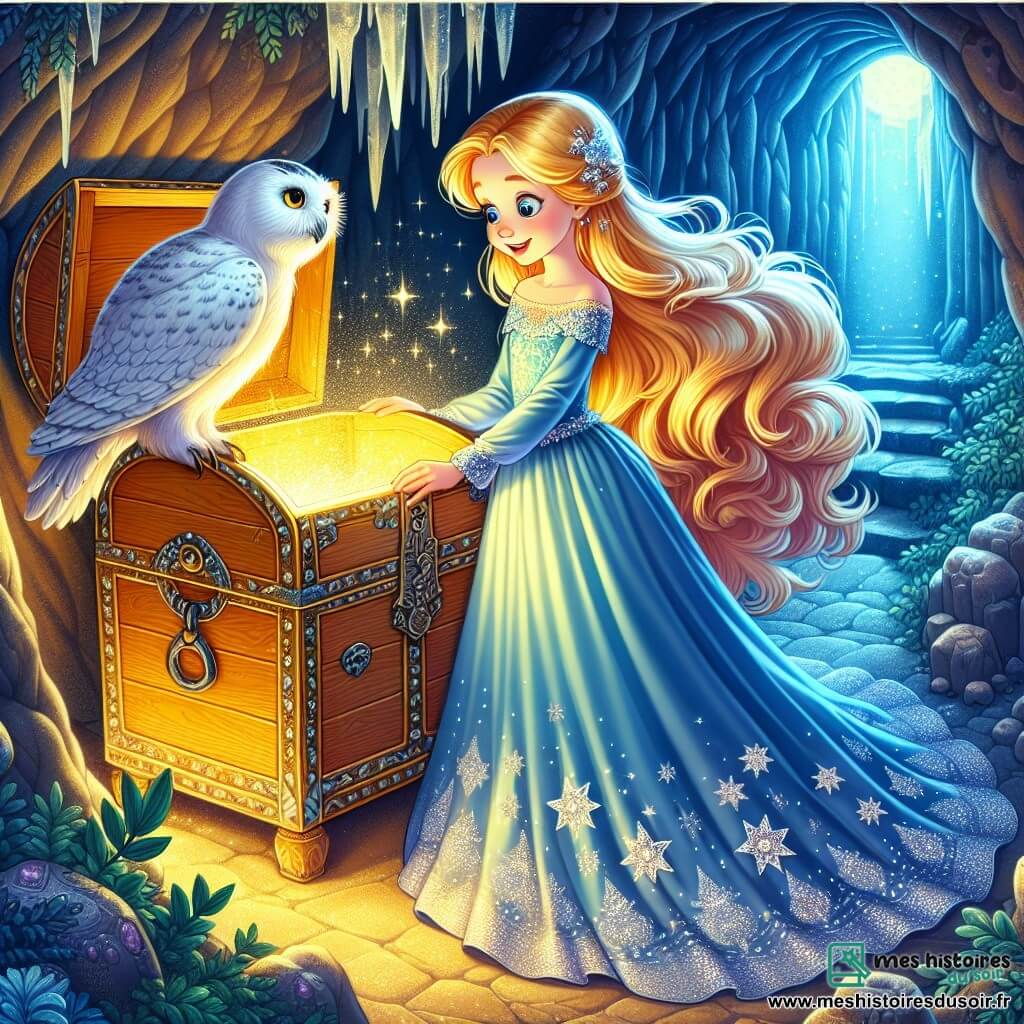 La princesse Lila, une fillette d'environ 10 ans aux longs cheveux dorés, porte une robe en satin bleu ornée d'étoiles argentées. Elle se tient devant un coffre ancien, les yeux brillants d'excitation, prête à découvrir un trésor. À ses côtés, le sage Hibou Flocon, aux plumes blanches, la regarde avec fierté. La scène se déroule dans une caverne mystérieuse illuminée par une lueur dorée du coffre, avec des murs ornés de cristaux et un sol en mousse verte. Lila ouvre le coffre, tandis que Flocon l'observe avec bienveillance, la lumière mettant en valeur son expression de joie.